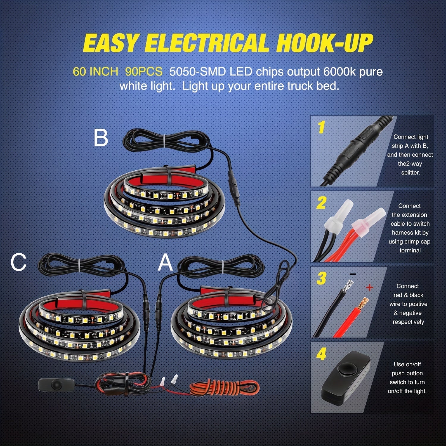 3Pcs Bed Light Strip 152Cm 270LED With Switch Extension Cable for Truck SUV Boat