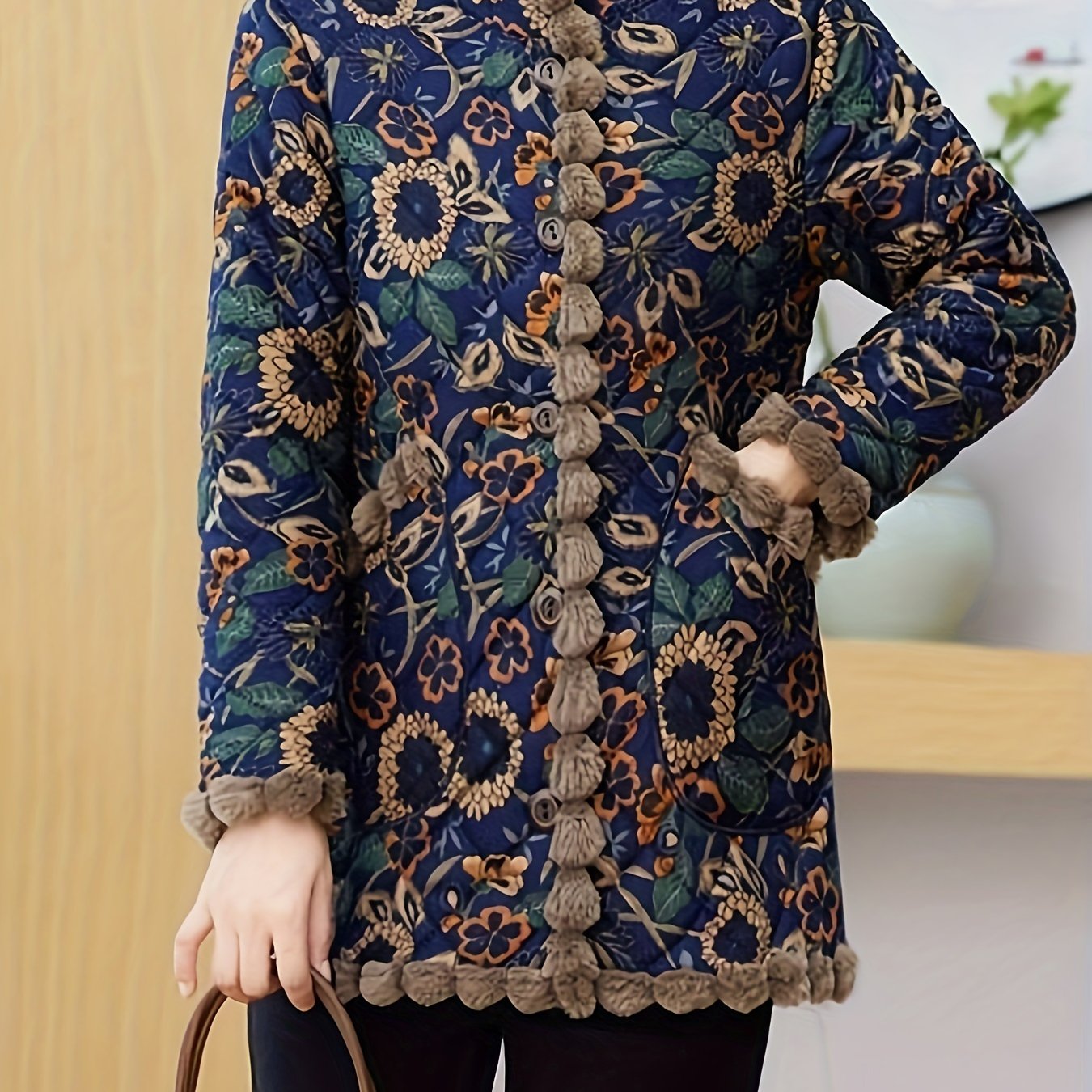 Vintage Quilted Jacket with Pom-Pom Fringe Stand Collar Long Sleeve Floral Pattern