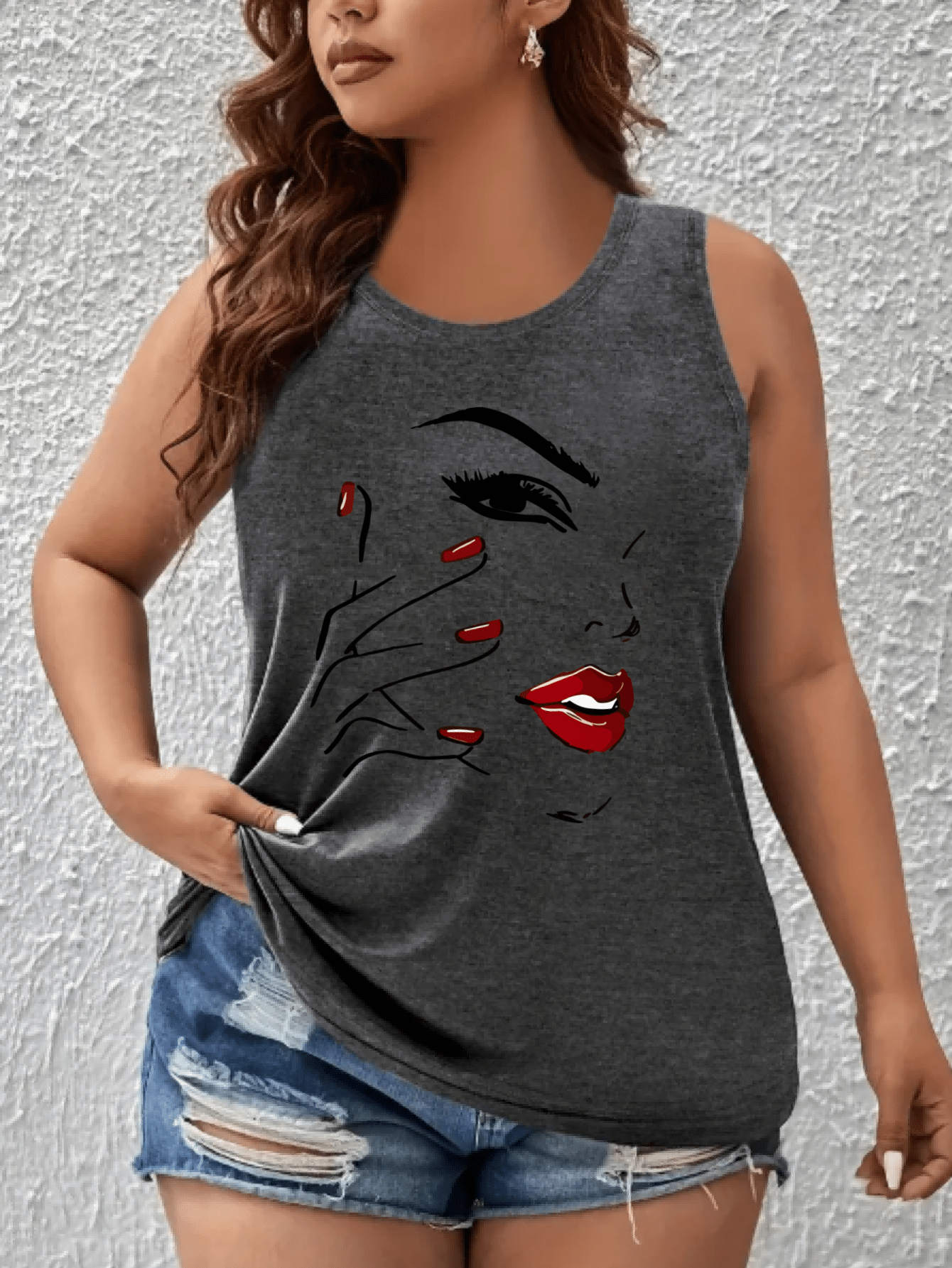 Women's Off-Shoulder Vest Top with Red Lips Print Breathable Stretchy Fabric
