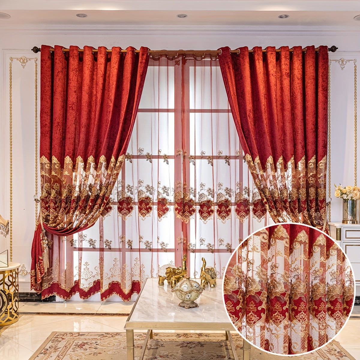 European-Style Thick Embroidered Curtains with Chenille Floral Designs and Translucent Yarn Finish for Living Room and Bedroom