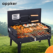 Portable Charcoal BBQ Grill Set with Foldable Cast Iron Design and Windproof Lid