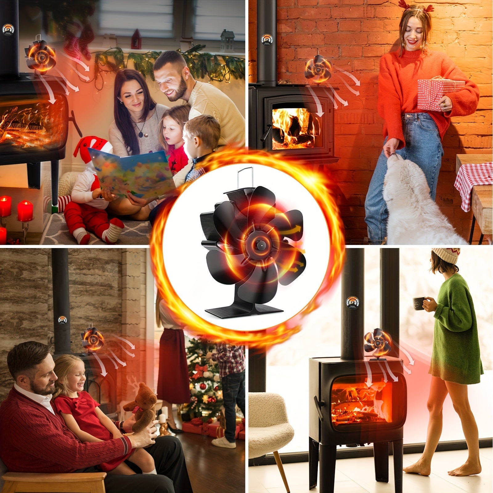 One-Piece Fireplace Fan No Electricity Quiet Operation Stove Thermometer for Wood Burners