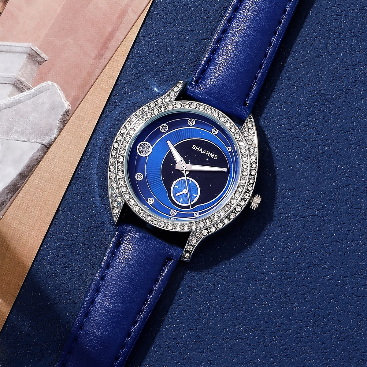 Набор из 6 женских элегантных кварцевых часов и украшений с синими ремешками и кристальными вставками