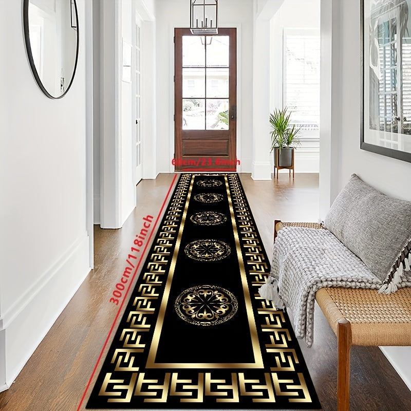 Elegant F-Pattern Runner Rug Golden Black Non-Slip Machine Washable Polyester Entryway Living Room Outdoor