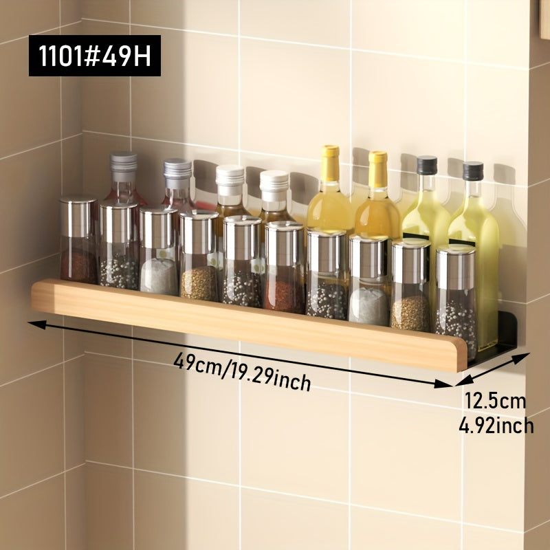 Wood and Metal Wall-Mounted Spice Rack with Hooks for Kitchen Storage