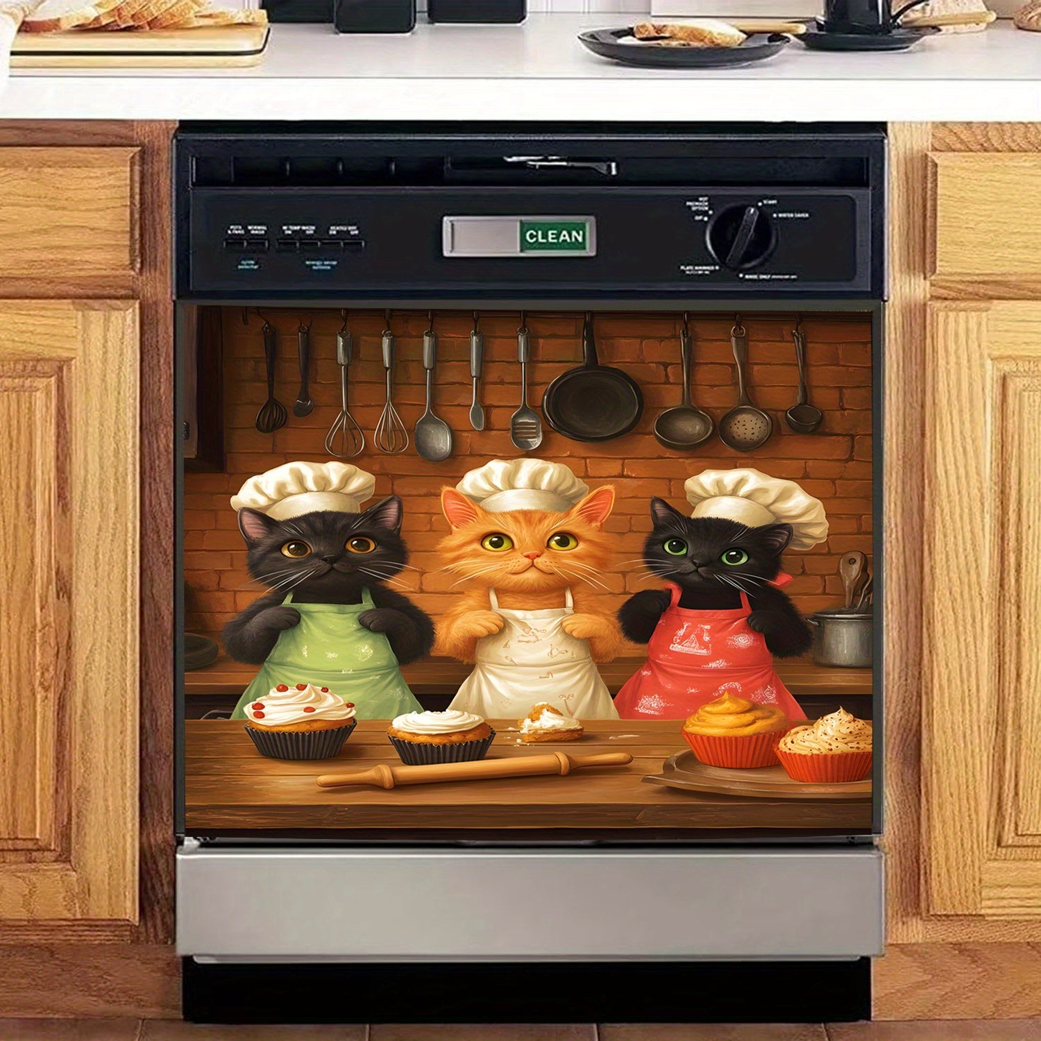 2D Flat Cat Pattern Dishwasher Door Decoration Kit Waterproof Soft Easy Install