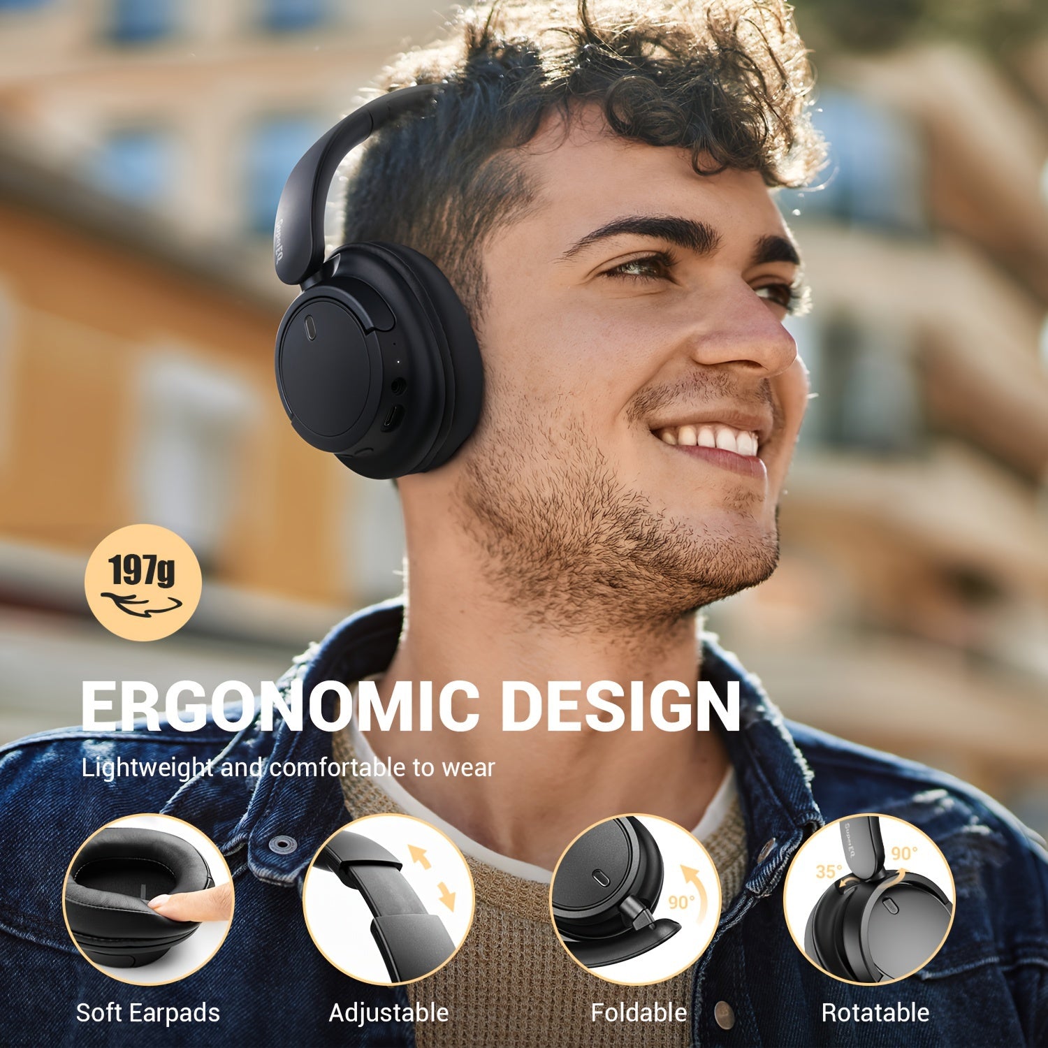Auriculares inalámbricos over-ear con graves profundos, duración de batería de 90 horas, plegables, micrófono y Type-C