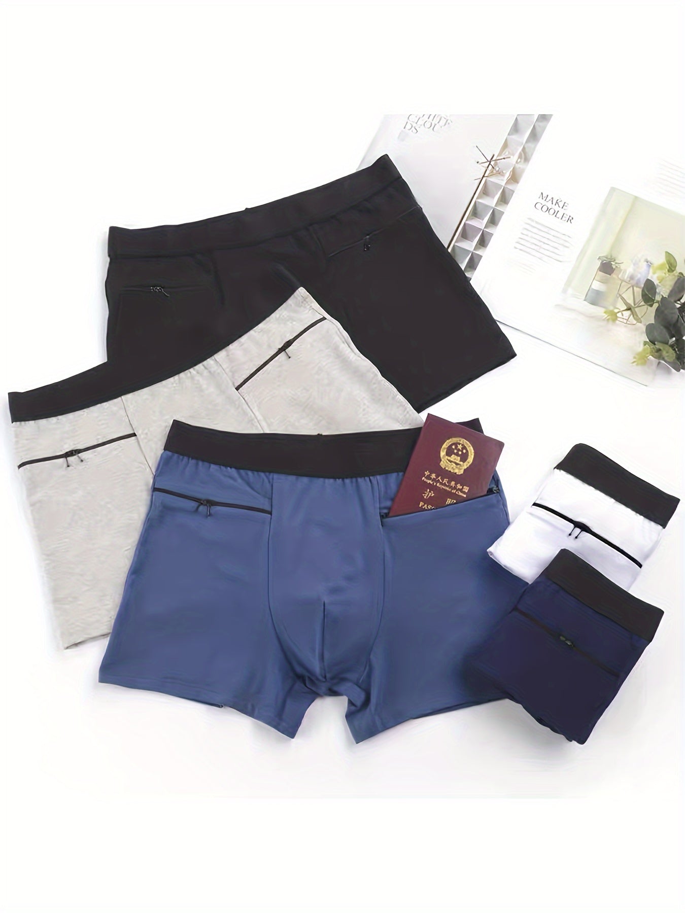 Men's Travel Underwear with Large Pockets Square Cut Double Zipper Cotton Spandex