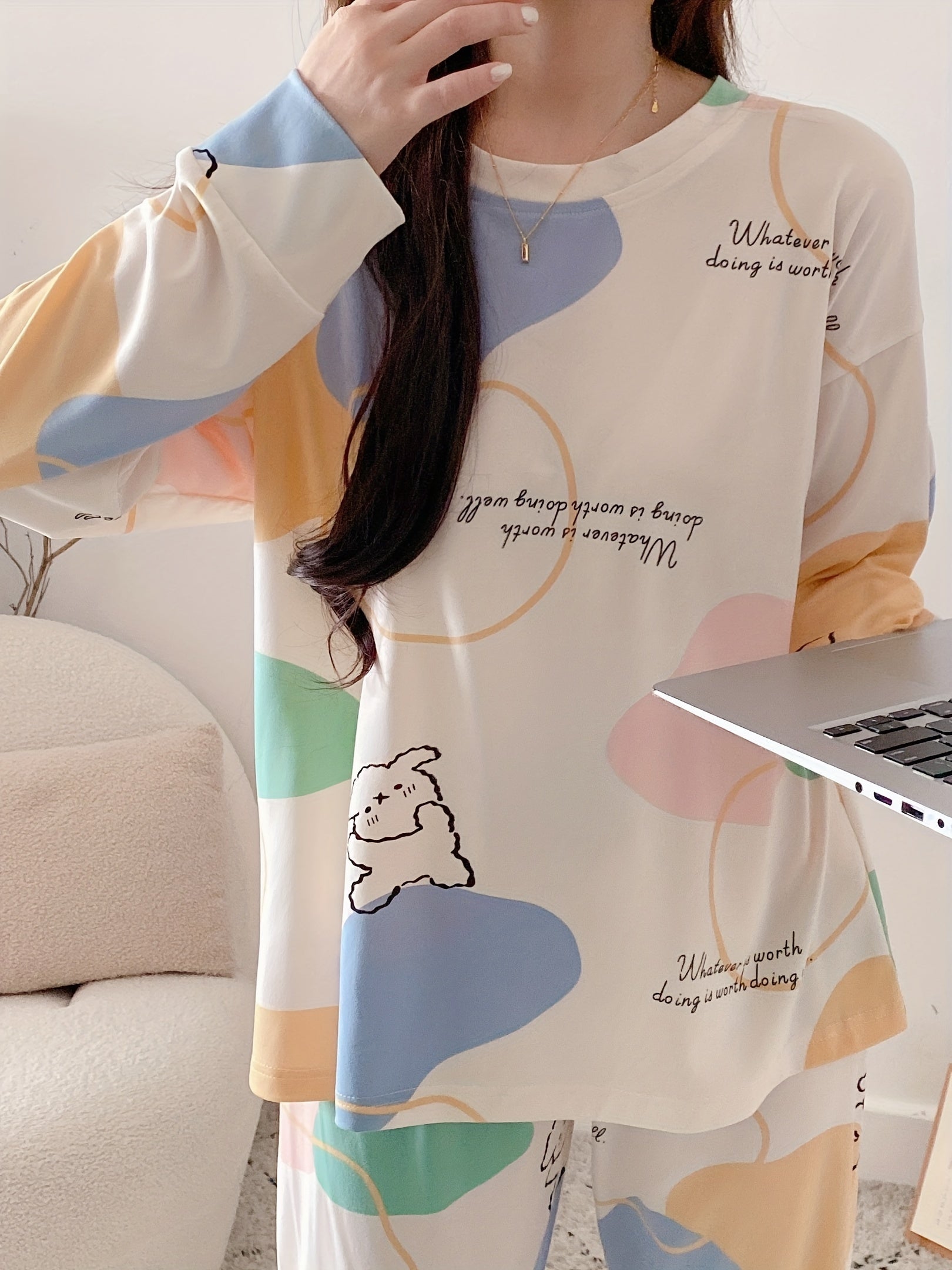 Women's Letter Print Pajama Set Long Sleeve Cozy Fall Lounge Sleepwear