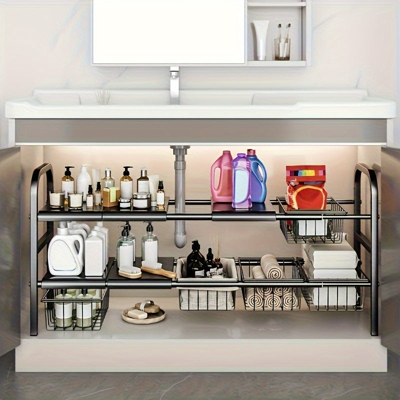 Black Metal Storage Rack Set with Removable Baskets for Kitchen and Bathroom Organization