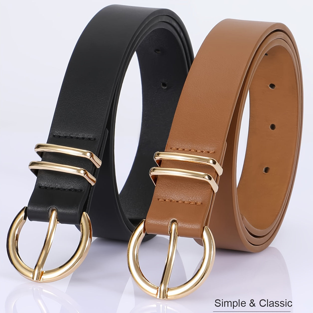 Women's Leather Belt for Jeans and Pants with Golden Buckle Solid Color Simple Design