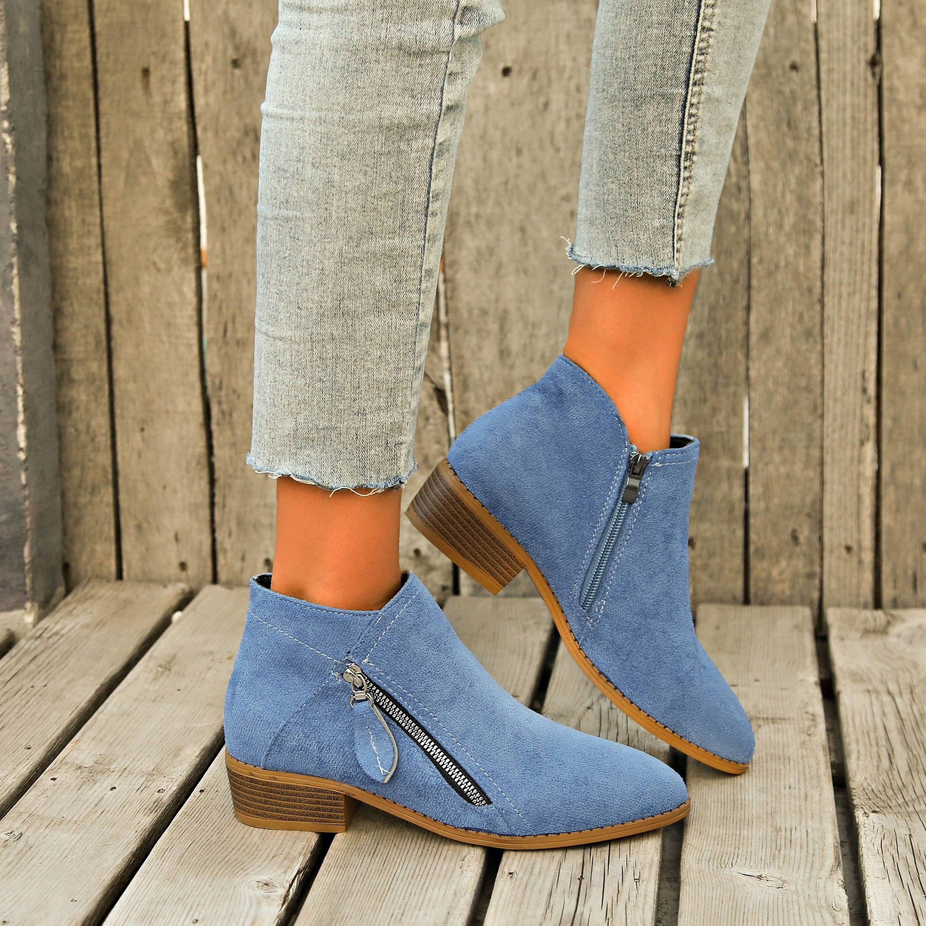 Women's Ankle Boots Retro Solid Color Casual Leather Footwear with Chunky Heel