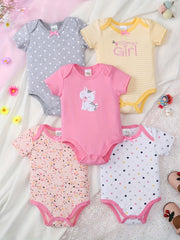 Conjunto de 5 bodies de algodón para bebé niña con petos de manga corta con bordado y patrón floral
