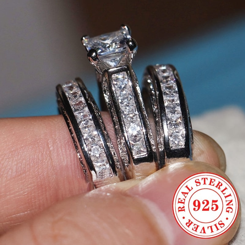 Juego de anillos de compromiso para mujer en plata de ley 14K con zirconia cúbica corte princesa