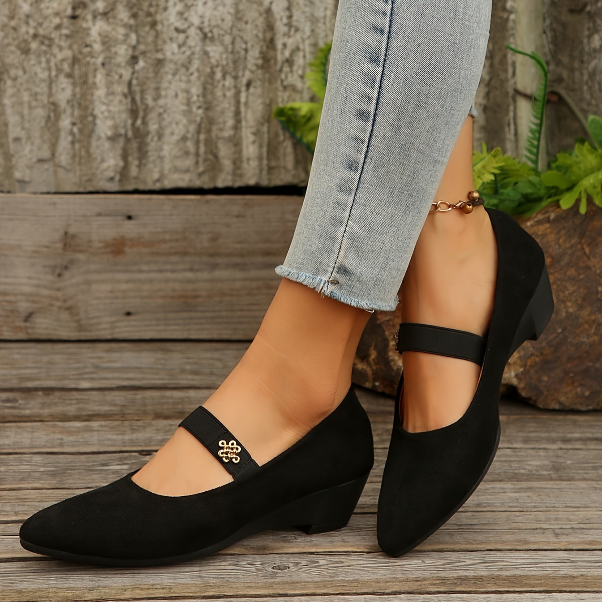 Women's Black Wedge Heels with Floral Buckle Platform Shoes