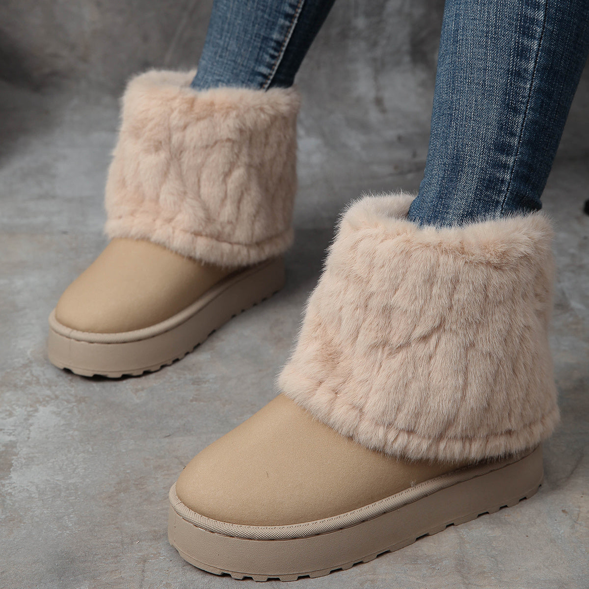 Women's Fleece-Lined Winter Boots Slip-On Round Toe Ankle Mid-Heel Durable Sole