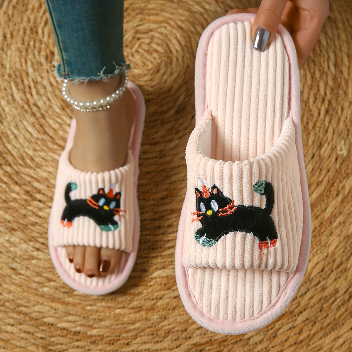 Women's Cotton Striped Cat Design Slip-On Home Slippers