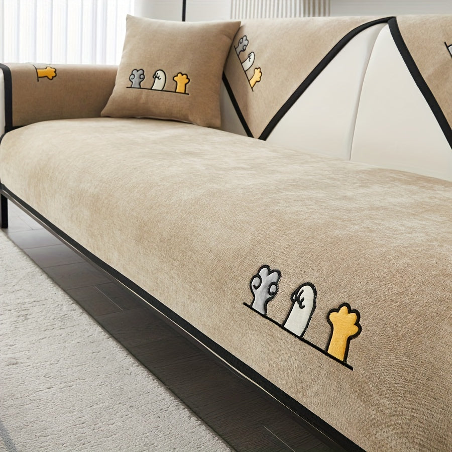 Эластичный чехол для сидений с вышивкой в виде кошачьих лап, комплект чехлов для дивана на все сезоны, пылезащитный защитник мебели для домашних животных, подходит для балкона, гостиной и домашнего декора. Чехол только для подушки.