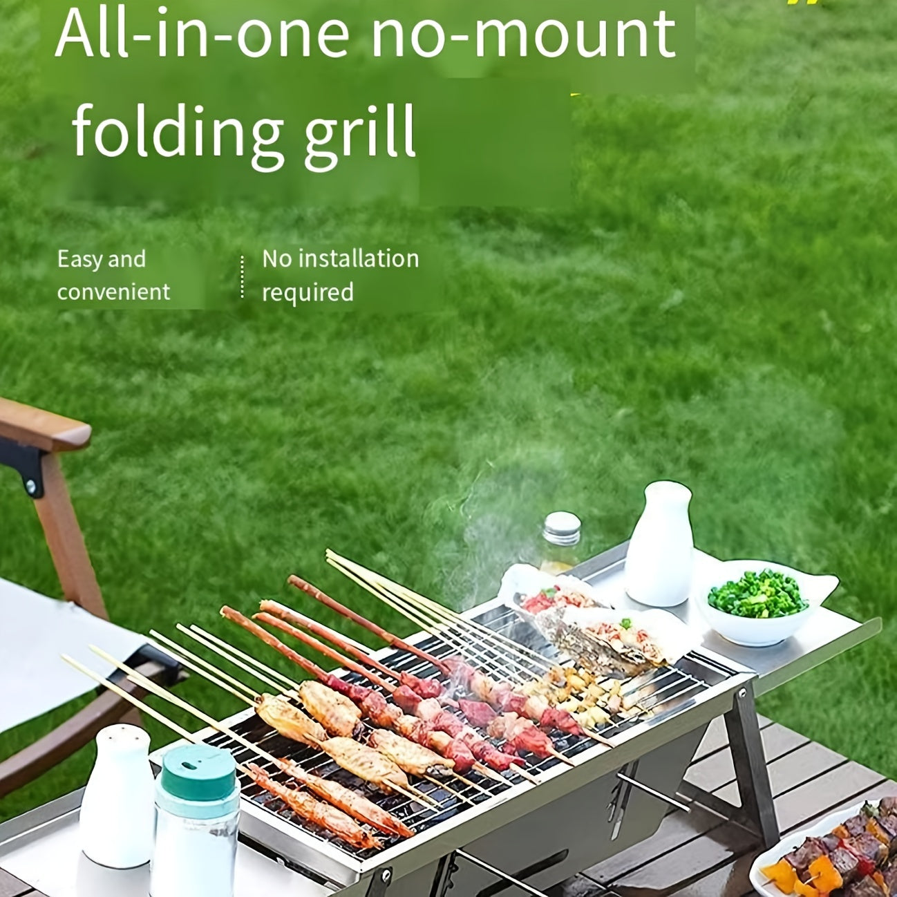 Stainless Steel Outdoor Charcoal Grill Set with Folding Skewer Stove for BBQ and Household Use