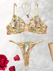 Women's Floral Embroidered Mesh Lingerie Set Sheer Bra and Panties for Date Night