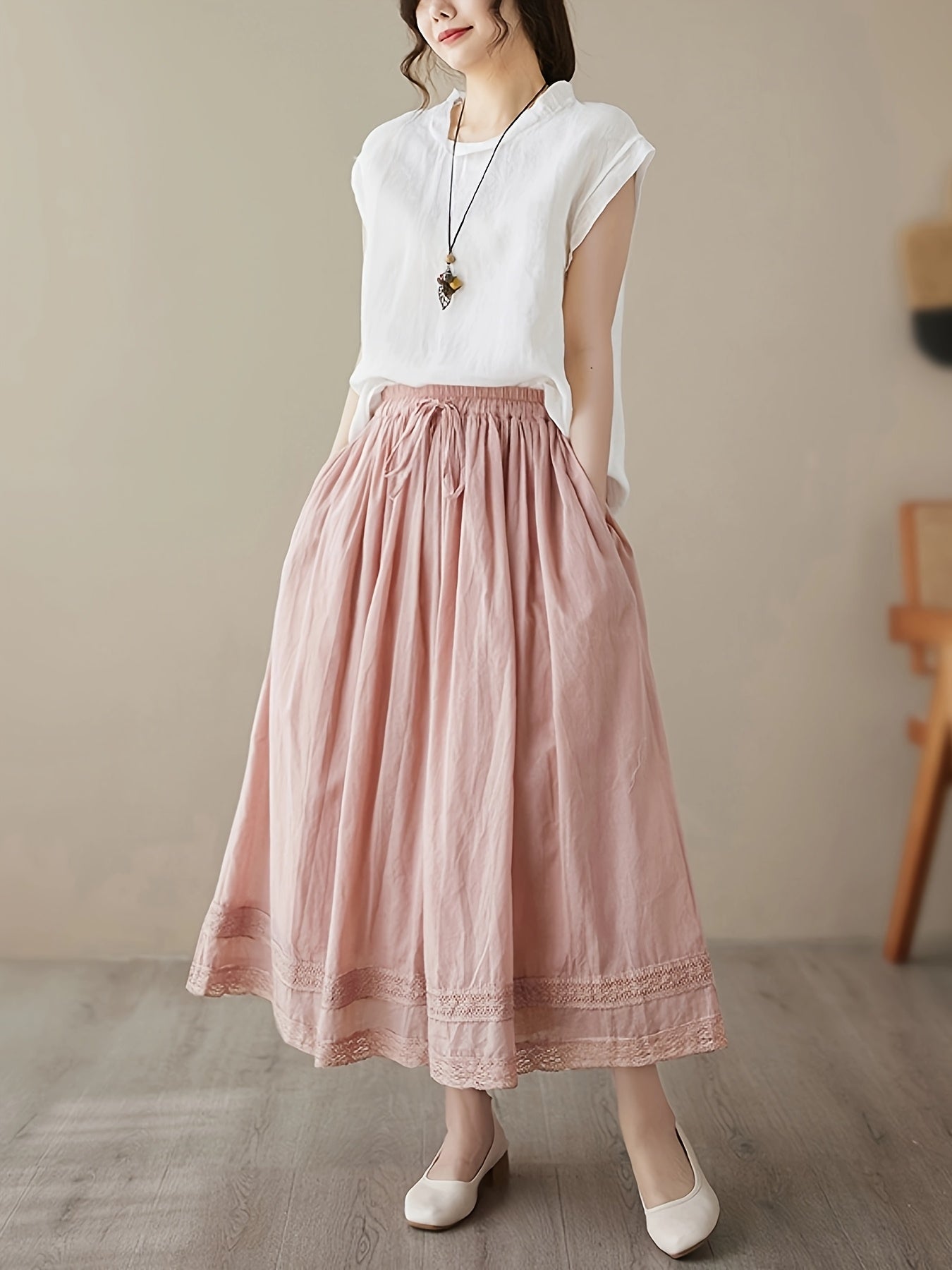 Plus Size Women's Elastic Waist Double Layer Midi Dress Spring Summer