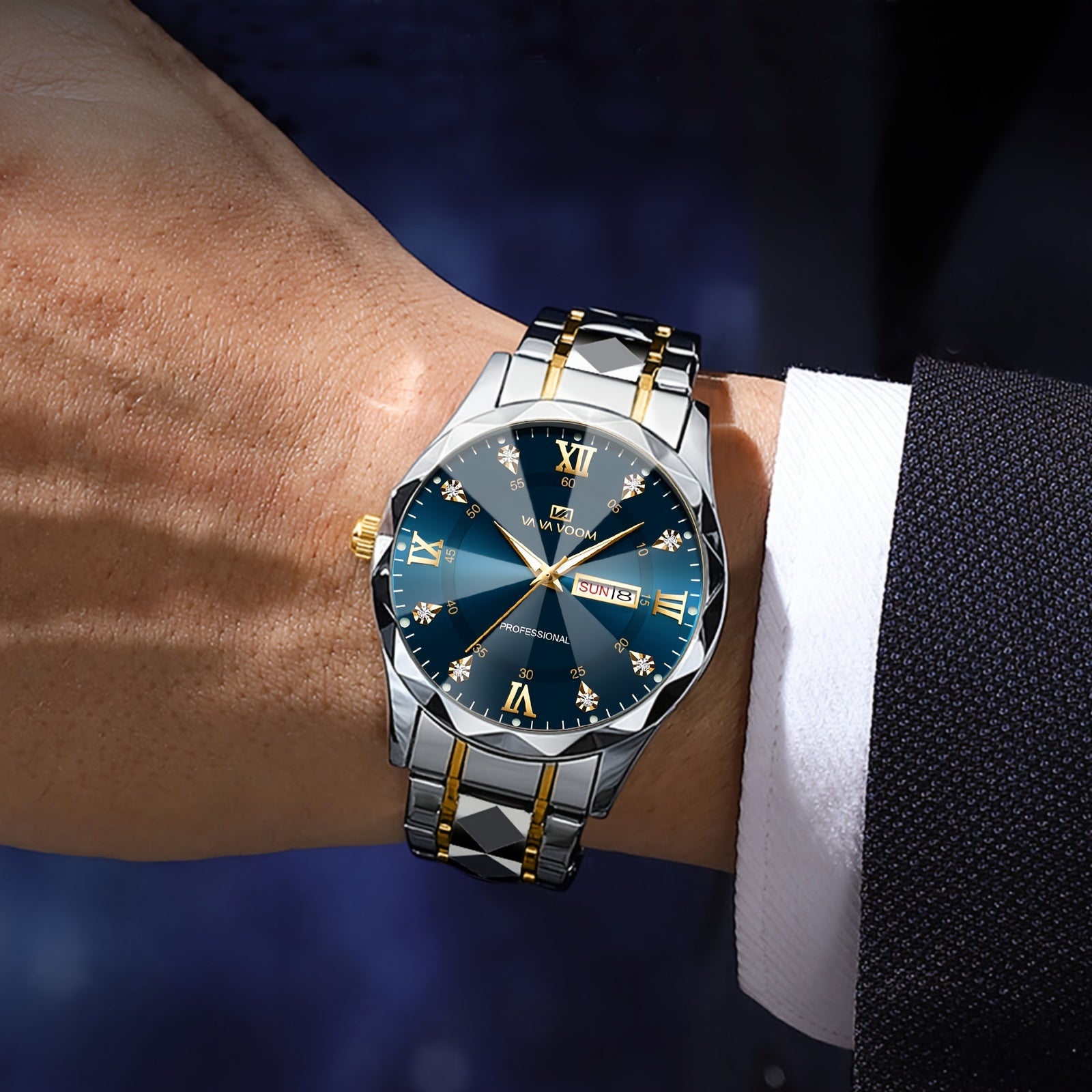 Men's Stainless Steel Watch with Night Glow Rhinestone Rivets Business Style