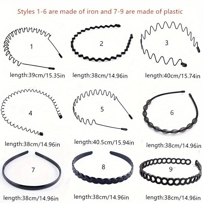 Set of 9 Black Metal Wave Hair Bands Unisex Sports and Daily Wear