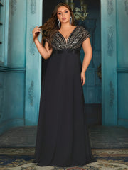 Plus Size Women Short Sleeve Dress Black Elegant Formal Evening Wedding Guest Gown