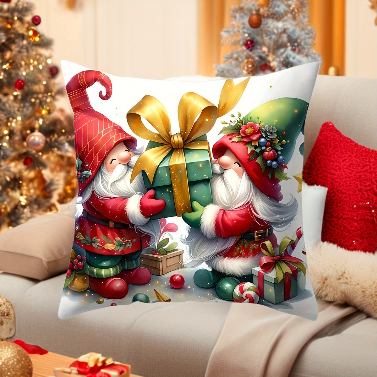 Christmas Gnome and Truck Throw Pillow Cover Zippered Polyester Living Room Decor