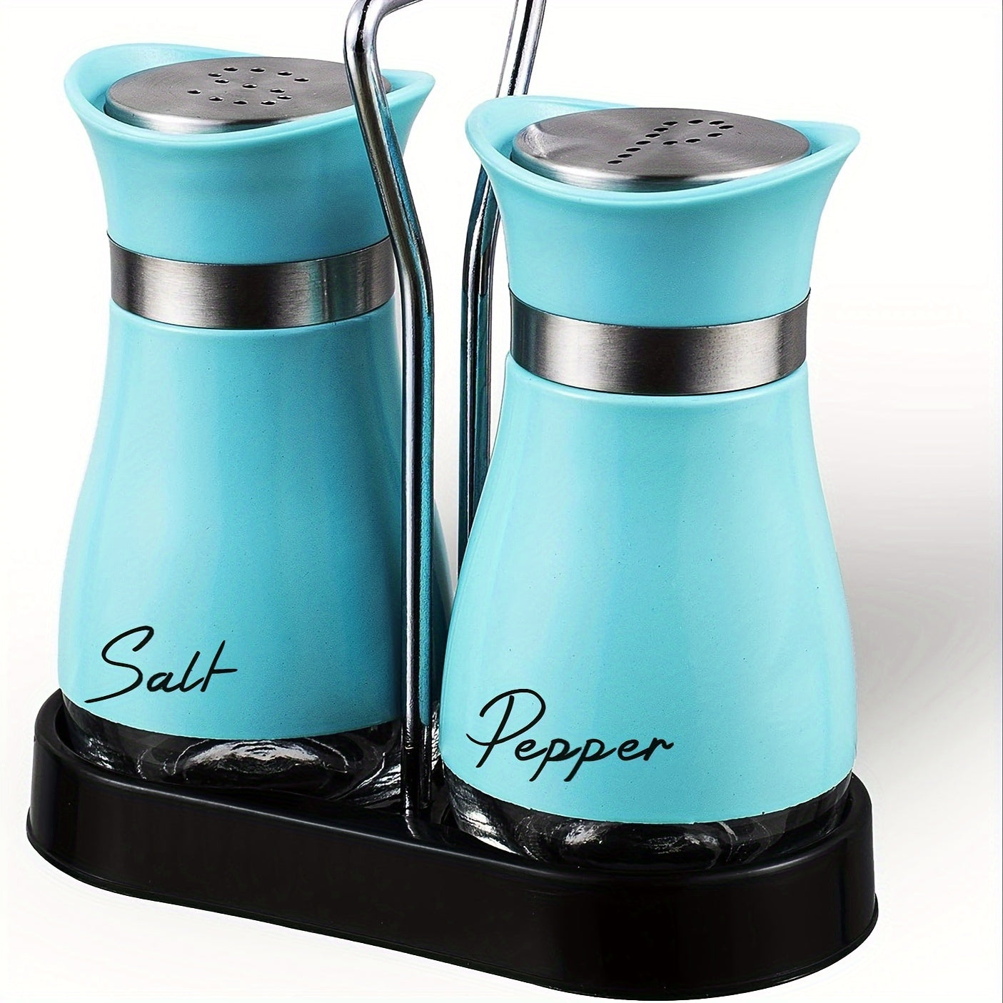 Set of 2 Glass Salt and Pepper Shakers with Holder, 4 oz Refillable Stainless Steel Lids