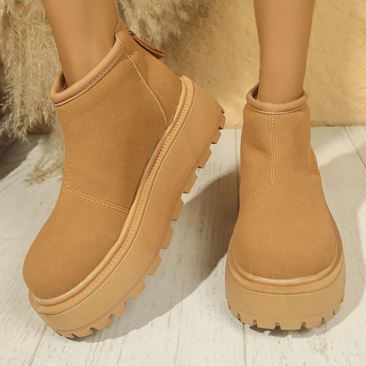 Women's Fleece-Lined Winter Boots Casual Round Toe Side Zipper Beige Black Brown