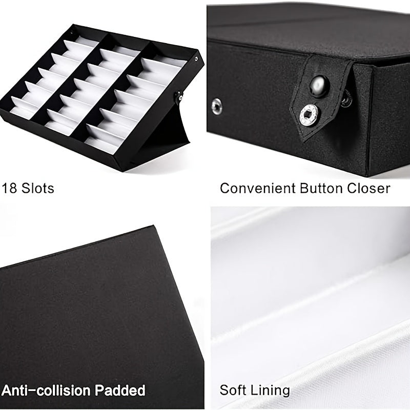 Upgraded 18-Slot Glasses Organizer with Clear Lid Fabric Lining and Snap Closure