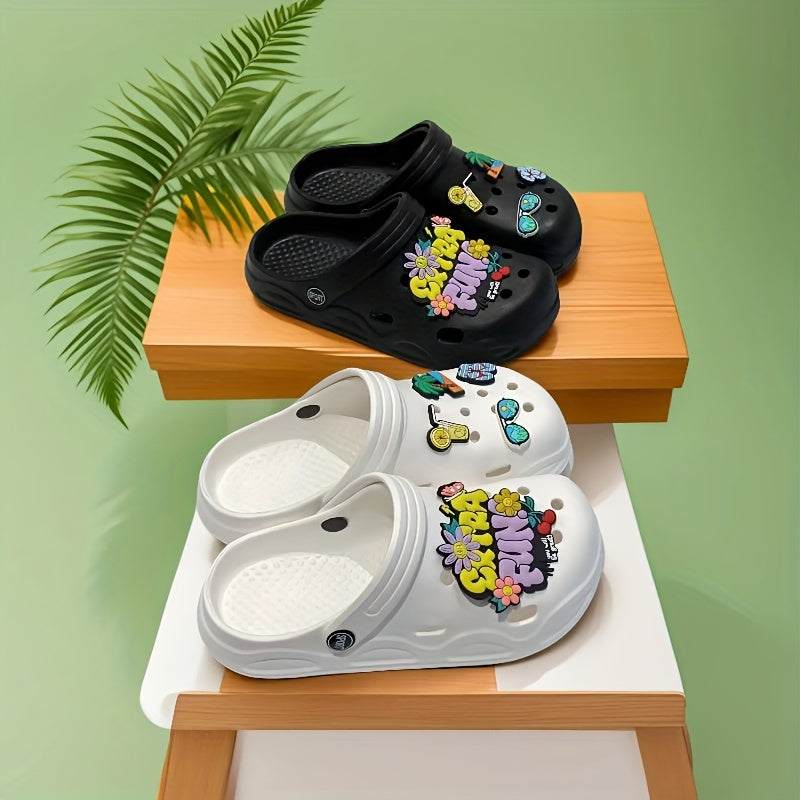 Women’s EVA Beach Clogs Black Pink with Playful Accessory Charms