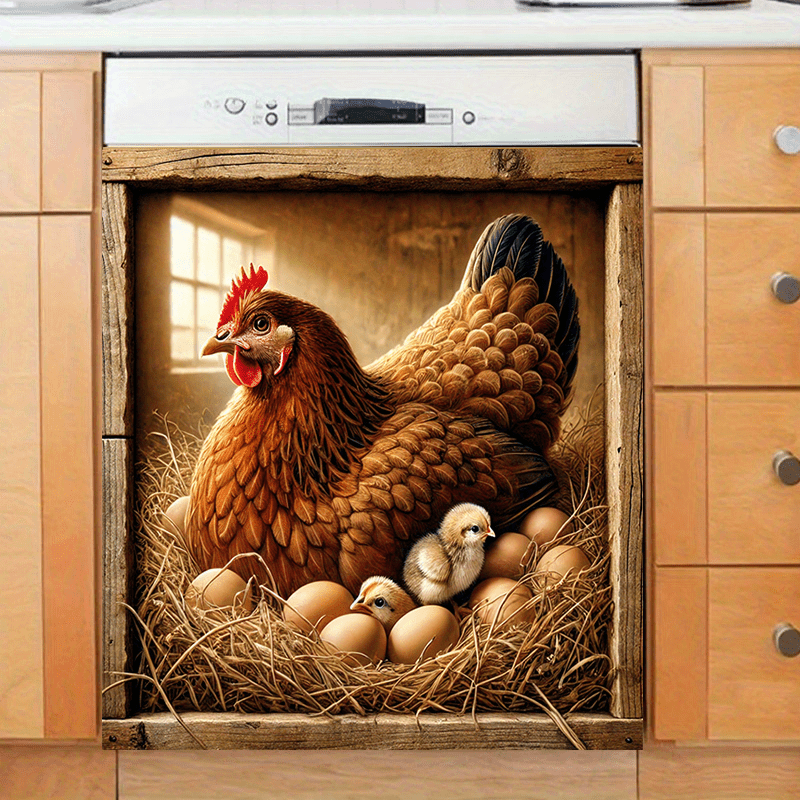 Mamlakat Hen and Chicks Dishwasher Magnet Cover Waterproof PVC Barnyard Egg Scene Kitchen Decor 58.5x65 cm