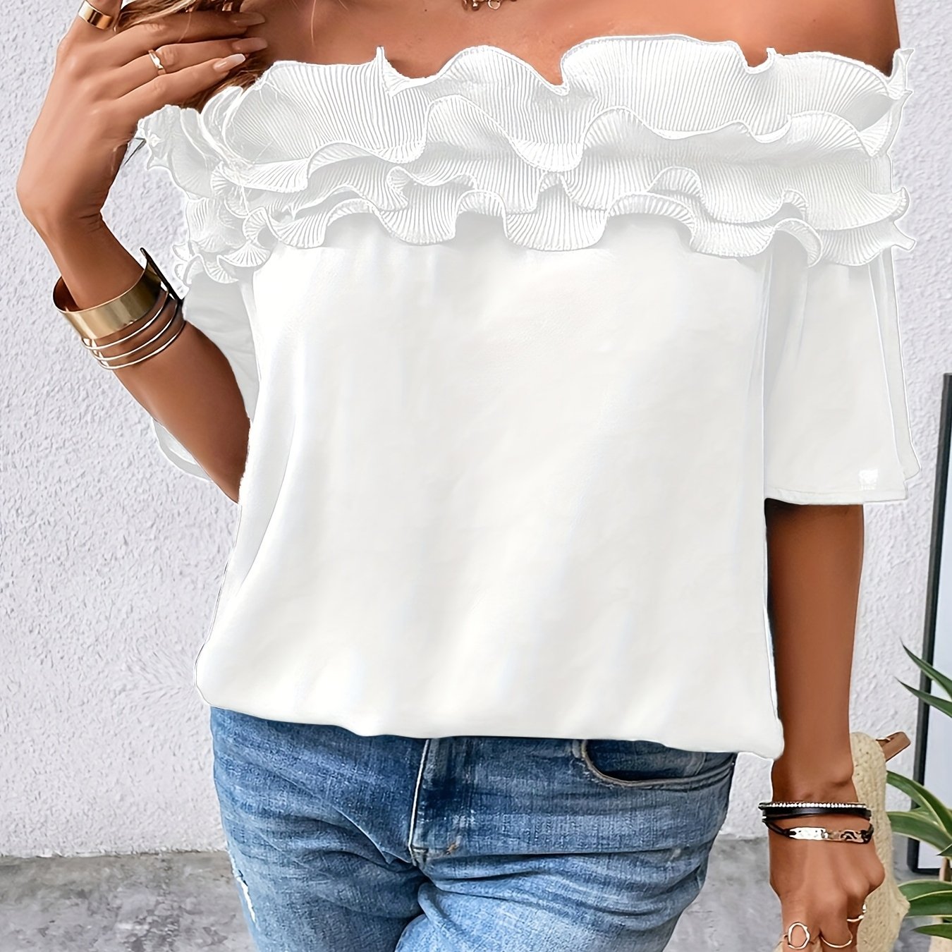 Women's White Off-Shoulder Blouse Ruffled Hem Spring Summer Autumn