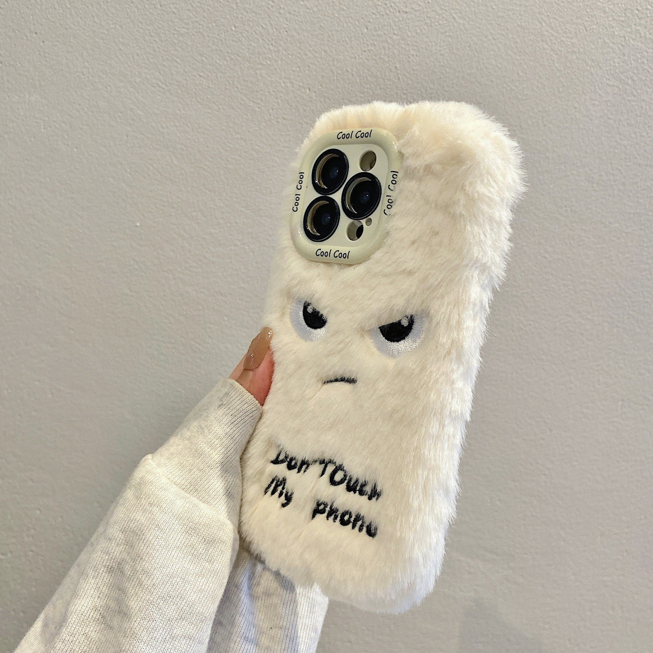 Plush Phone Case for iPhone 13-16 Pro Max with "Don't Touch My Phone" Expression and Lens Protection