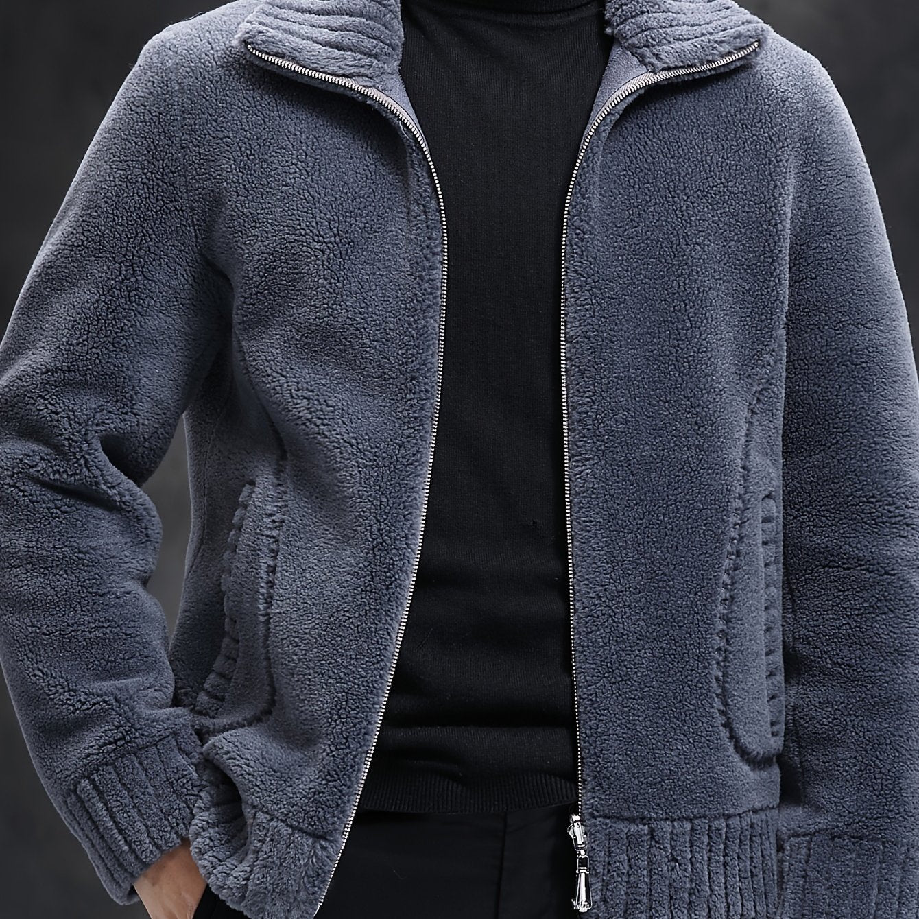 Men's Faux Fur Jacket Wool Polyester Solid Stand Collar Zipper Cold Resistant Outdoor