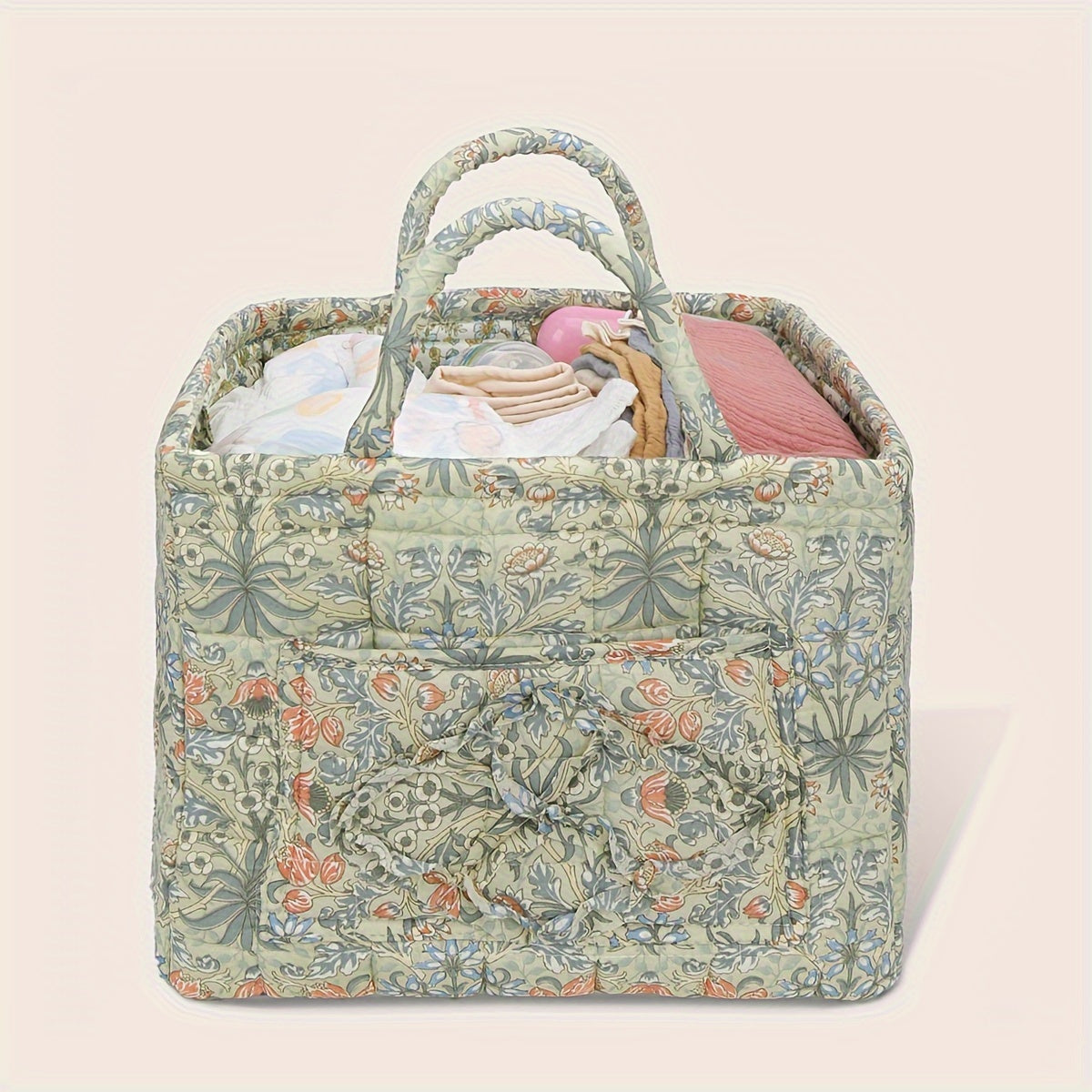 Rustic Quilted Floral Storage Basket for Baby Diapers and Toys