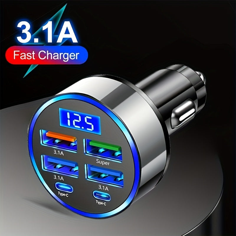 6-в-1 Быстрый автомобильный зарядный адаптер с двумя USB PD QC3.0 LED-дисплеем из металла