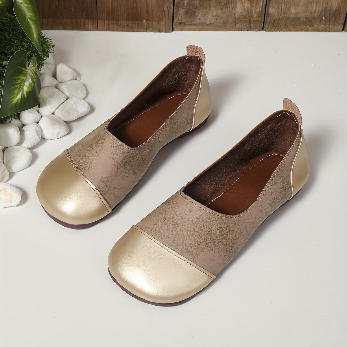 Zapatos planos de mujer de dos tonos en marrón y dorado, zapatos casuales tipo Mary Jane