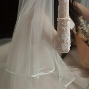 Velo de novia con borde de satén de doble capa y peine de metal para el cabello, accesorio para bodas