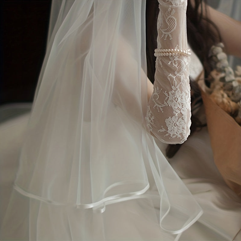 Bridal Veil with Double Layer Satin Edging and Metal Hair Comb Wedding Accessory