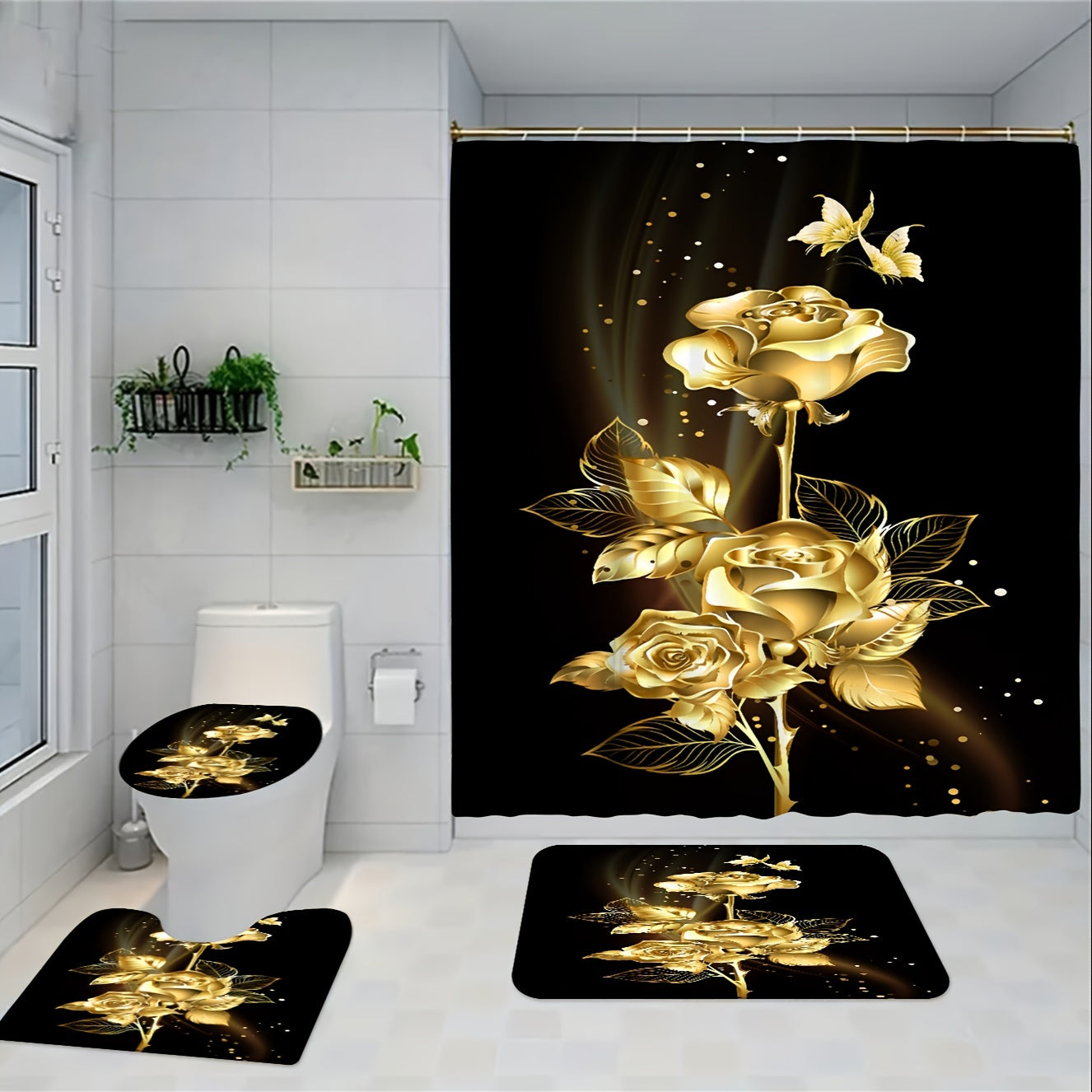 Black and Gold Bathroom Shower Curtain Set with Toilet Accessories