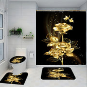 Black and Gold Bathroom Shower Curtain Set with Toilet Accessories