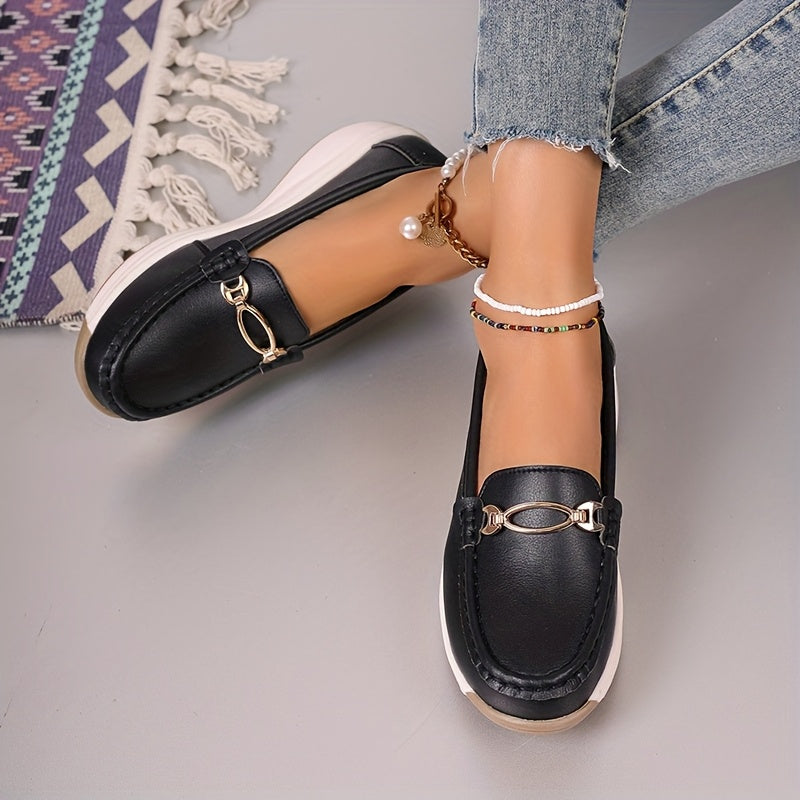 Women's Loafers with Metal Buckle Slip-On Flats Non-Slip Casual Shoes