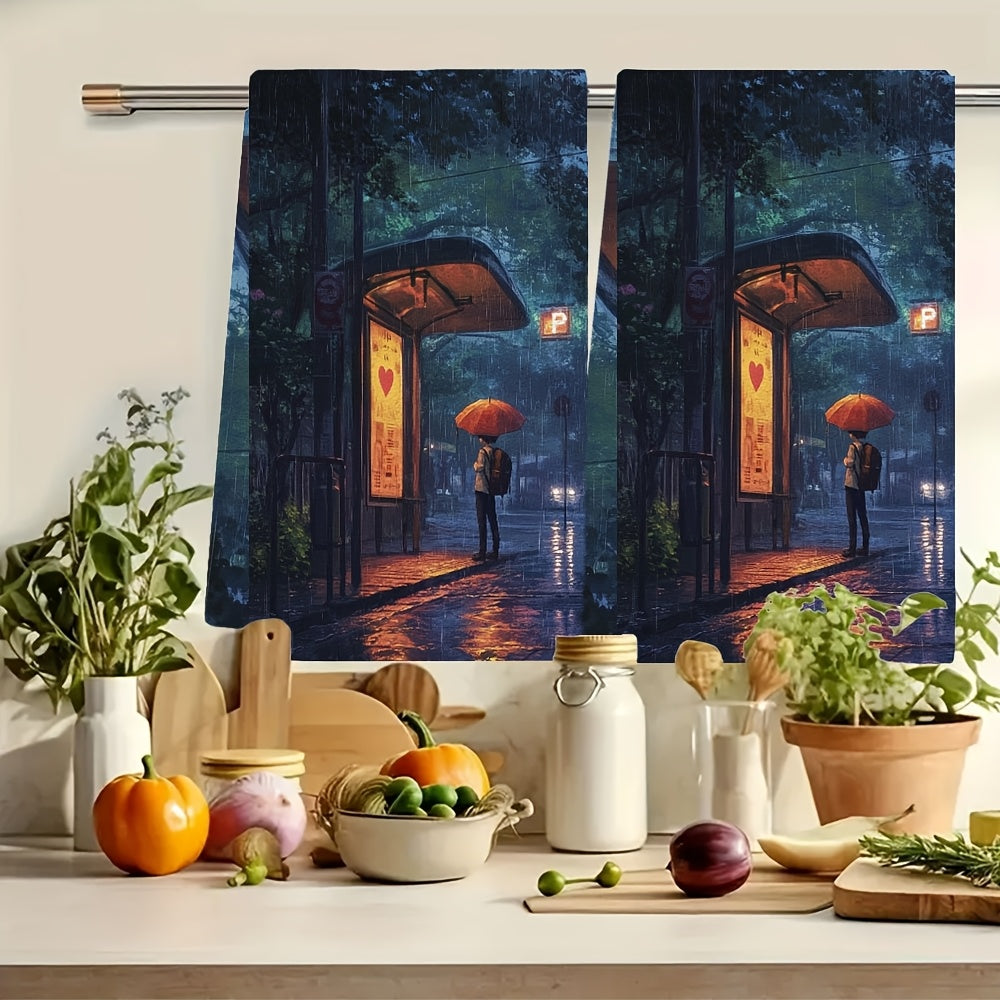 Set of 2 Ultra Soft Kitchen Towels Anime Boy with Heart Umbrella 16x24 Inches