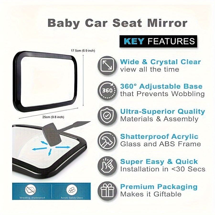 Child Safety Mirror for Car Seats Rotates 360° Wide-Angle Rectangle Durable ABS