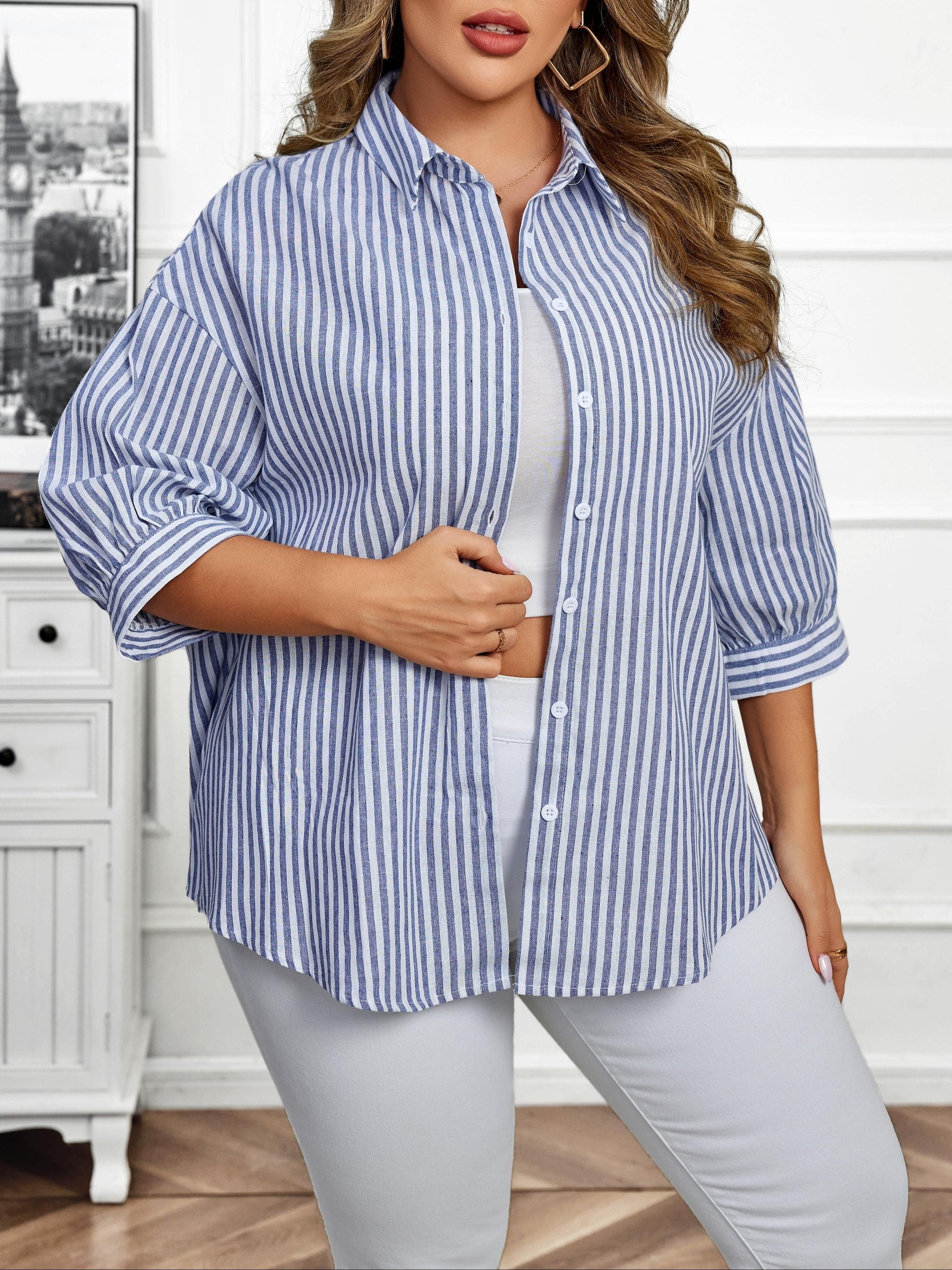 Women's Striped Button-Up Shirt Long Sleeve Classic Collar Polyester Blend All-Season