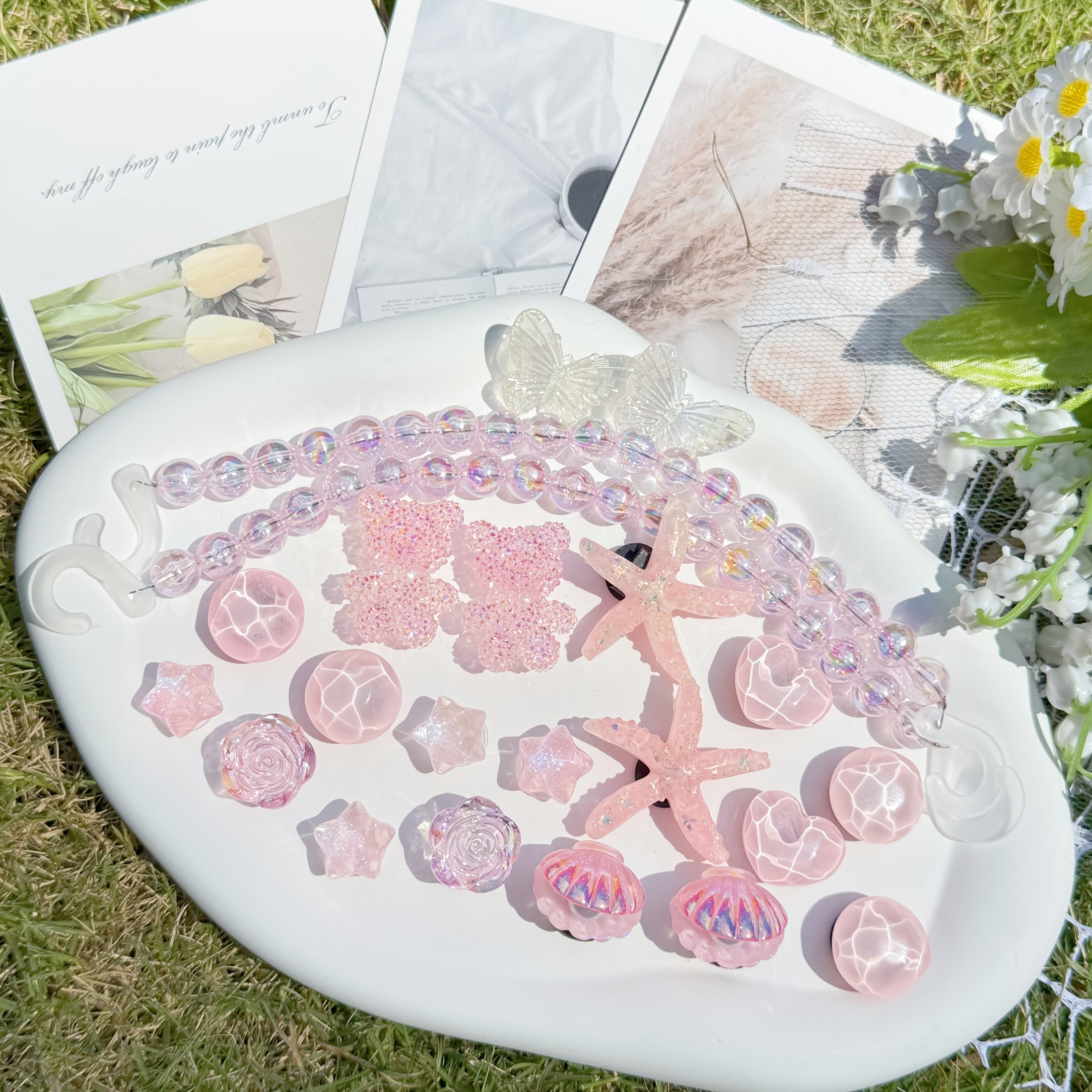 22pcs Pink Chain Bear Shell Starfish Shoe Accessories for Slippers and Beach Shoes