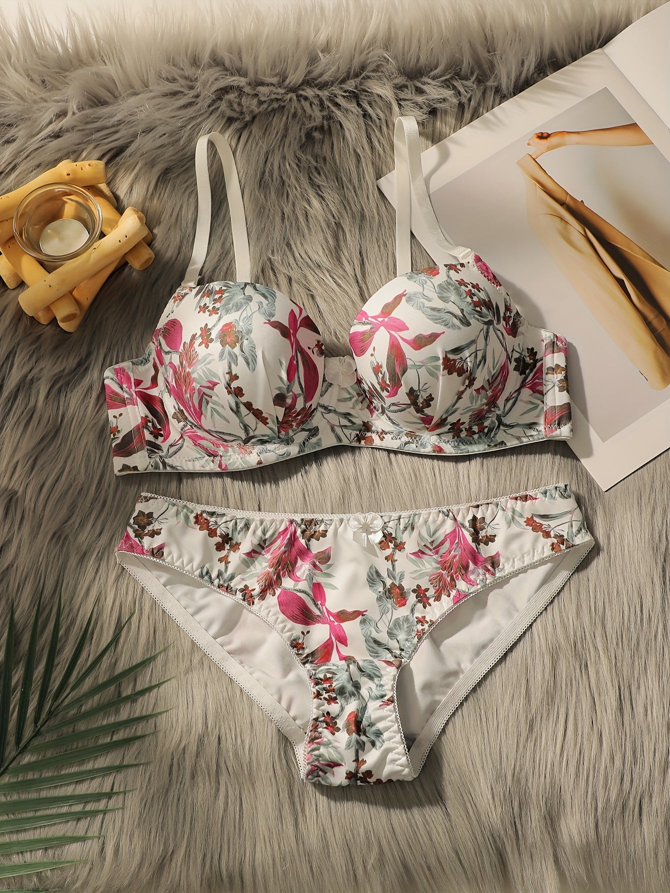 Women's Floral Lace Push-Up Bra and Brief Set Underwire Support Breathable See-Through